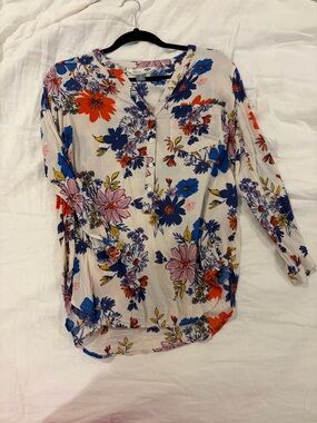 Old Navy Floral Button-Front Tunic - White with Blue, Coral & Pink Flowers